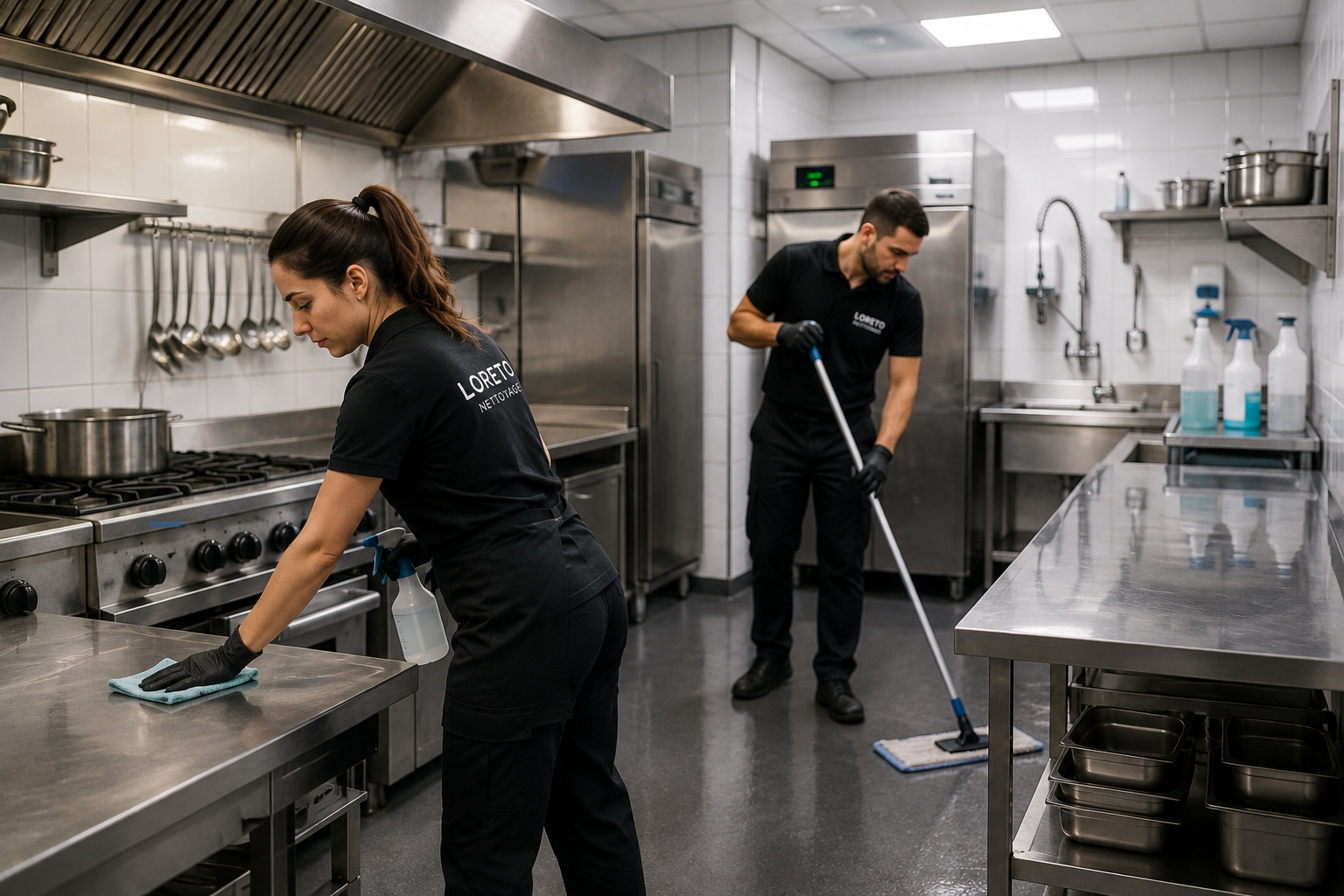 Nettoyage d'une cuisine professionnelle de restaurant